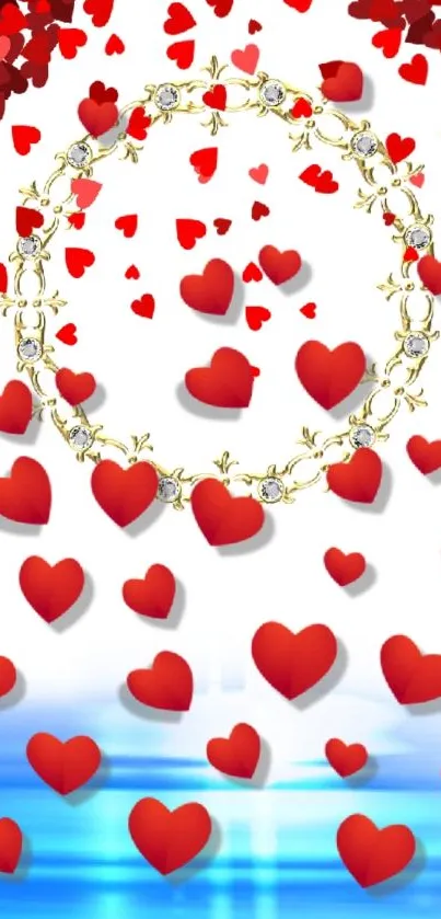 Romantic mobile wallpaper with red hearts and a golden wreath on white.