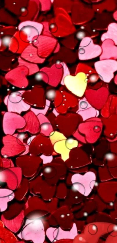 Vibrant red and pink heart confetti wallpaper with a sparkle effect.