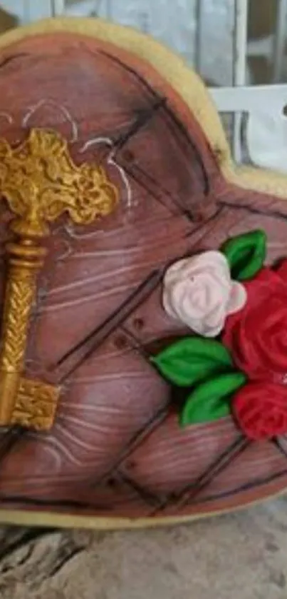 Heart-shaped cookie with a key and roses design.