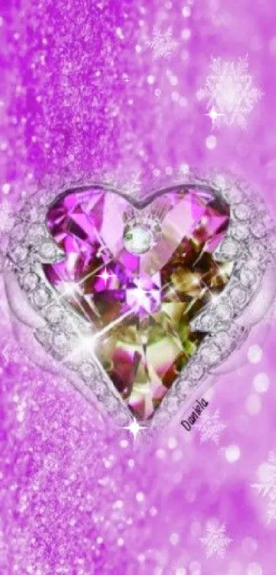 Purple heart crystal wallpaper with snowflakes and sparkles.