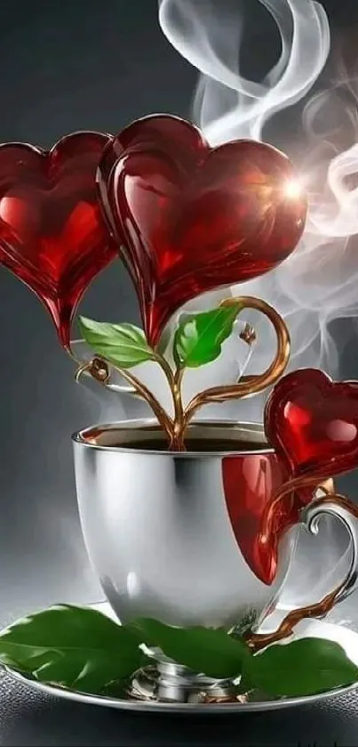 Heart-shaped steam rises from a silver cup, creating an artistic wallpaper scene.