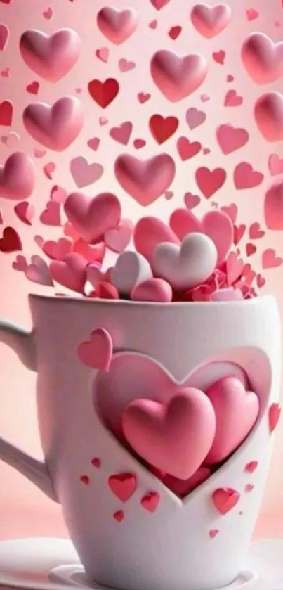 Cup with overflowing pink hearts design wallpaper.