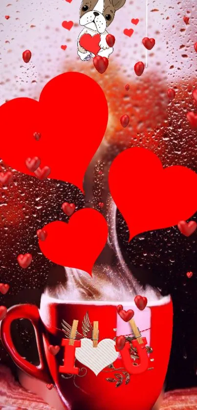 A steamy red cup with heart designs and floating hearts.