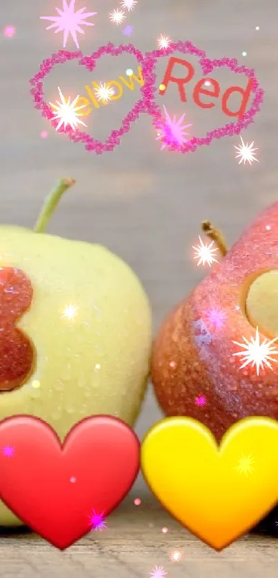 Apples with heart cutouts on a wooden background.
