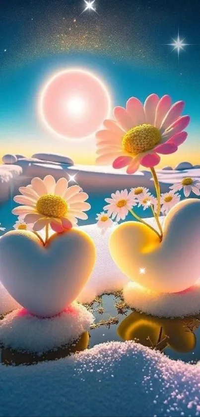 Heart-shaped daisies in snow under a sunset, creating a vibrant scene.