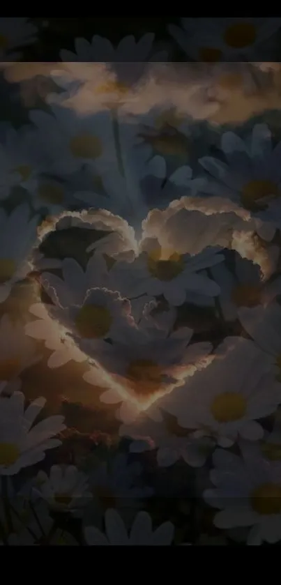 Heart-shaped cloud with daisy backdrop.