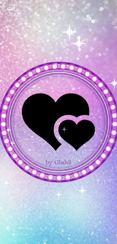 Black hearts on pink-purple gradient wallpaper.