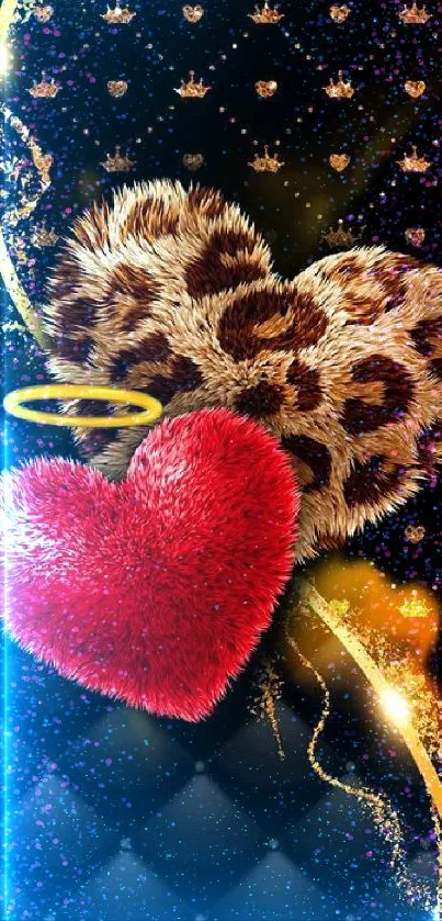 Plush red heart with leopard print and gold accents on a black background.