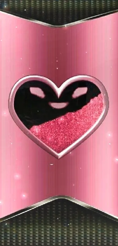 Heart design on pink gradient mobile wallpaper with metallic accents.