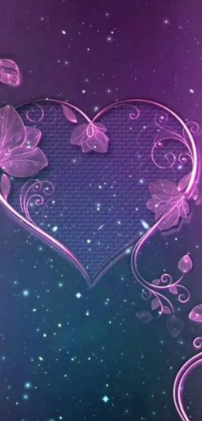 Purple heart floral wallpaper with pink flowers and cosmic background.