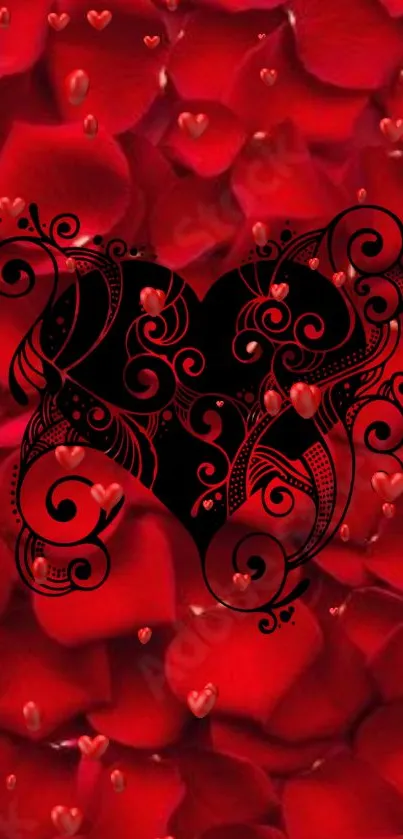 Red rose petal wallpaper with black heart design.