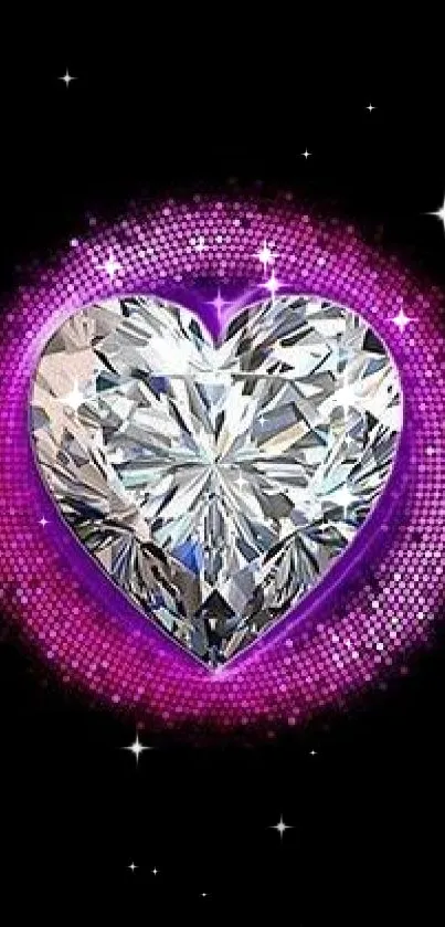 Heart-shaped diamond with pink glow on black background.