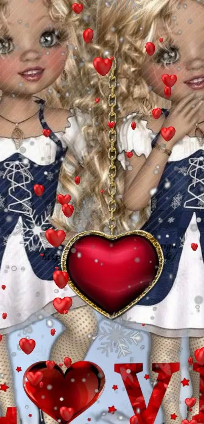 Dolls in blue dresses with heart decorations on wallpaper