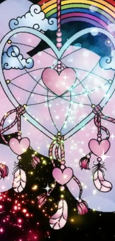 Heart dreamcatcher with rainbow and sparkles mobile wallpaper.