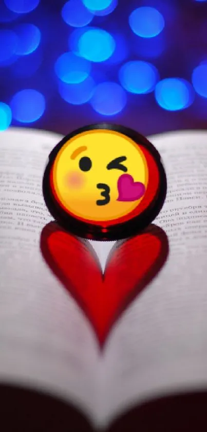 Heart emoji creates a love shape on an open book under blue lights.