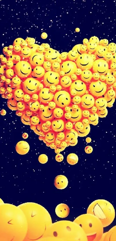 Heart made of yellow emojis on dark background.