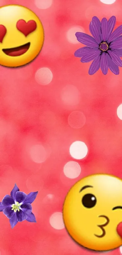 Heart emojis and purple flowers on pink bokeh wallpaper.