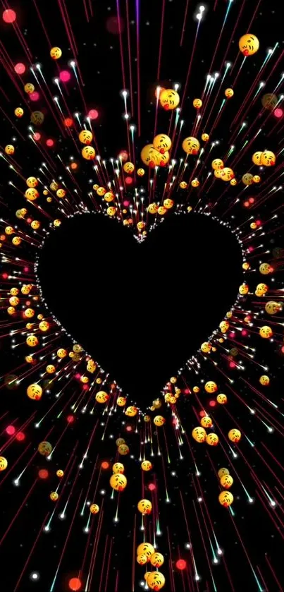 Heart-shaped emoji burst on dark wallpaper background.