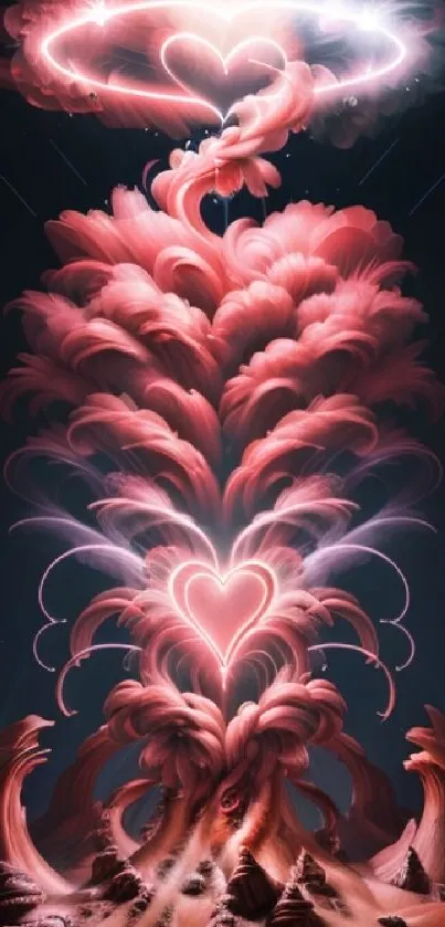 An artistic eruption of glowing heart shapes and pink clouds on a digital wallpaper.