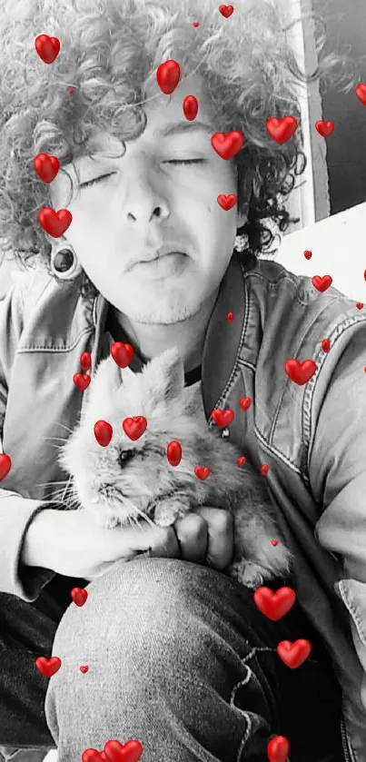 Black and white portrait with red hearts overlay and a cute cat.