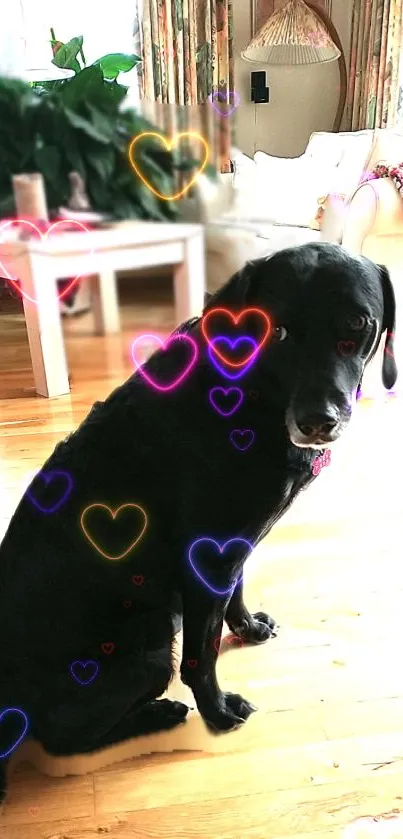 Mobile wallpaper featuring a black dog with colorful glowing hearts.