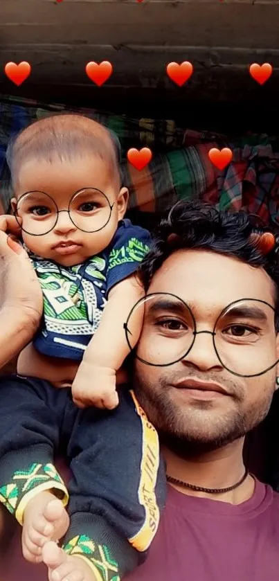 Man and baby with glasses and heart filters, creating a fun and playful vibe.