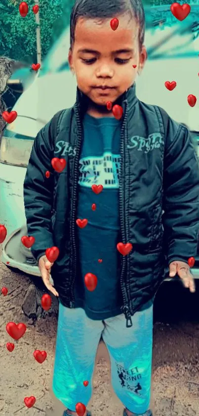 Child standing outdoors with red hearts floating around.