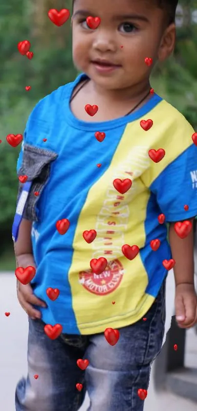 Cute toddler with hearts on blue shirt.