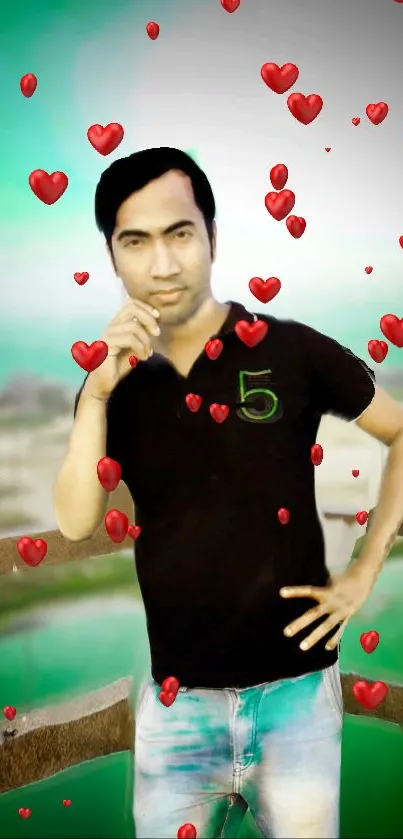 Man surrounded by red hearts with a green background.