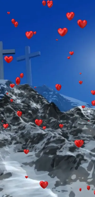 Snowy mountain with crosses and red hearts under a blue sky.