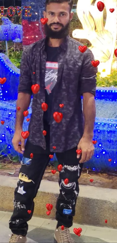 Man surrounded by floating red hearts in a vibrant night setting.