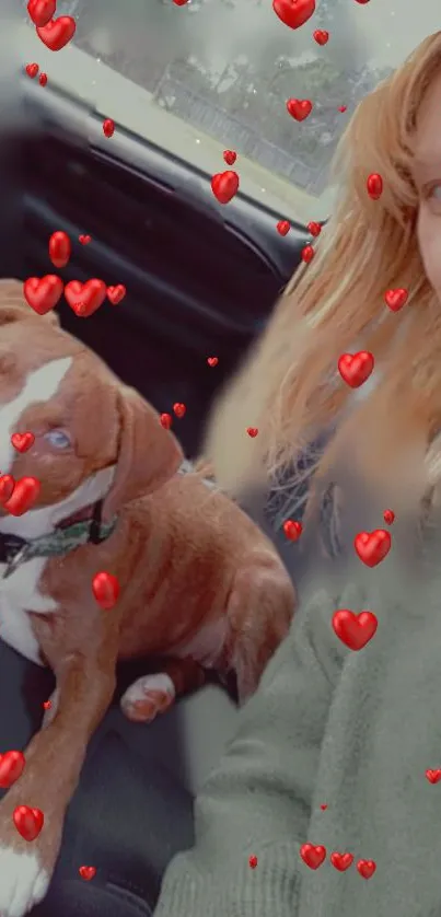 Person with dog in car filled with red heart effects.