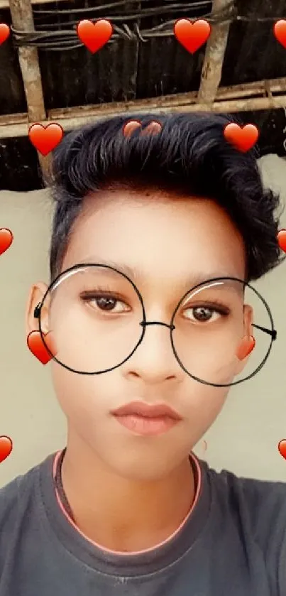 Person with digital glasses and heart filter effect.