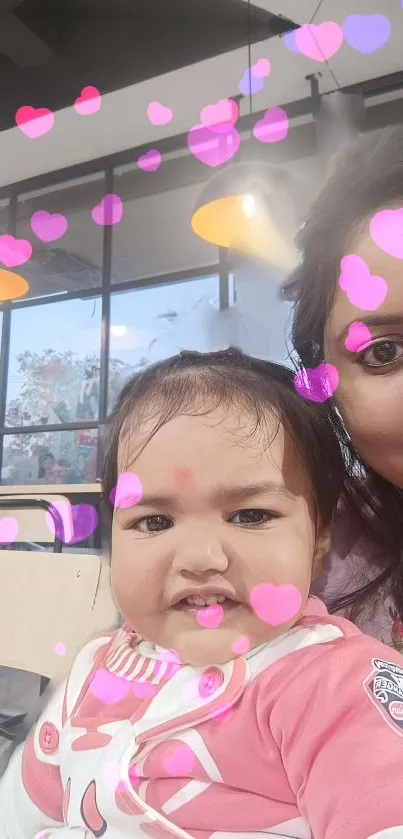 Mother and baby with pink heart filter in café setting.