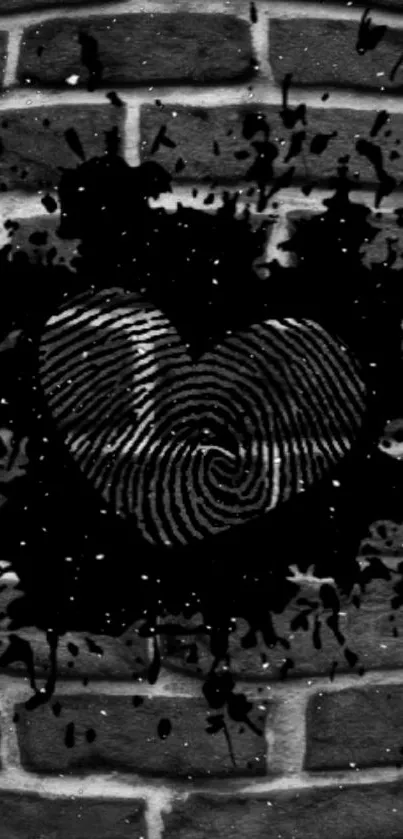 Heart fingerprint art on dark brick wall background.