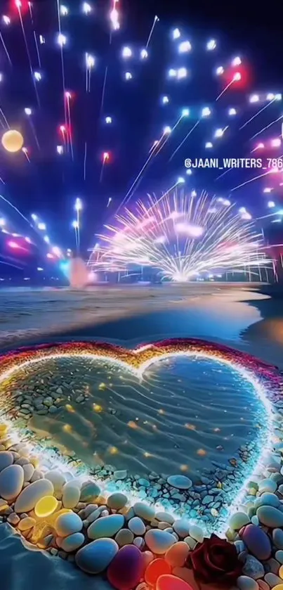 Heart-shaped pebbles on a beach with fireworks in the night sky.