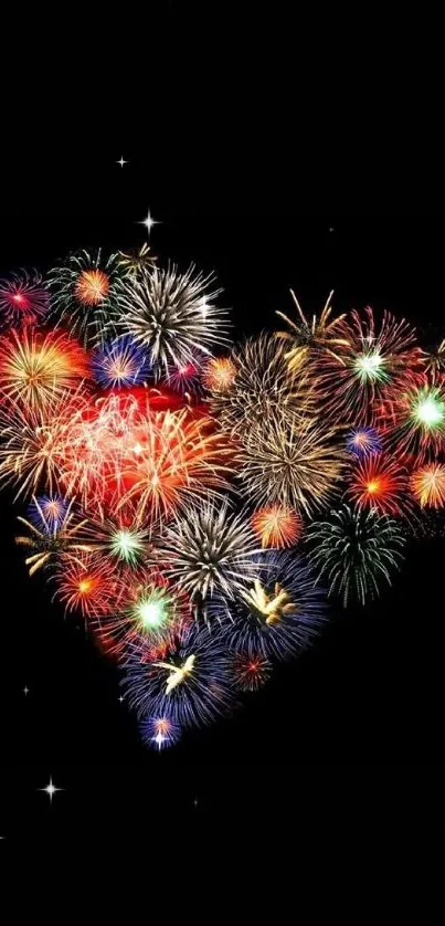 Heart-shaped colorful fireworks on black background, perfect for mobile wallpaper.