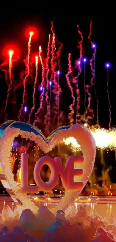 Heart-shaped ice sculpture with fireworks in a vibrant night scene.