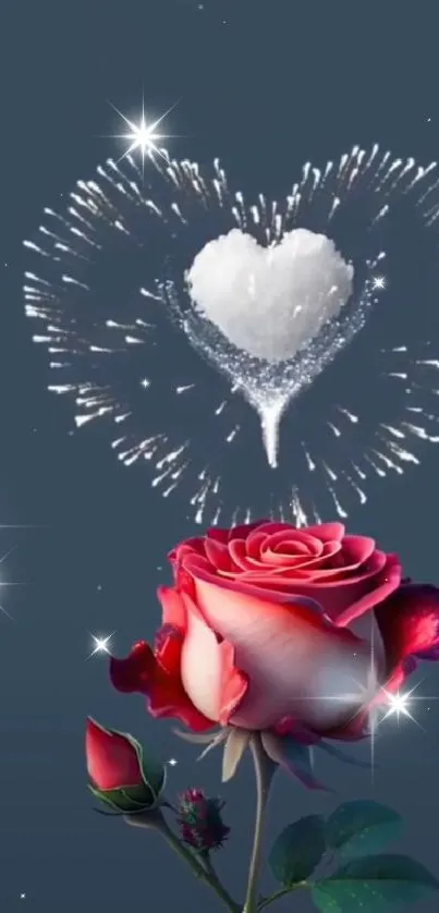 Romantic wallpaper with rose and heart-shaped fireworks.