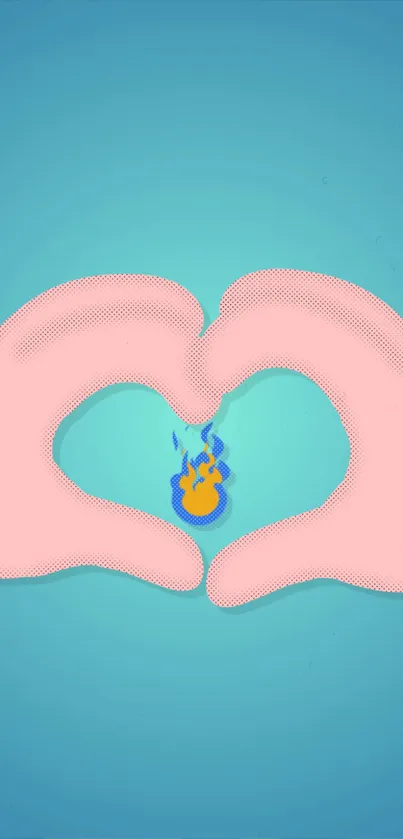 Heart-shaped hands with fiery flame on cyan background.