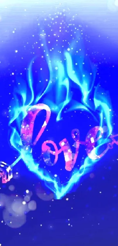 Heart-shaped blue flame with love text in vibrant colors.