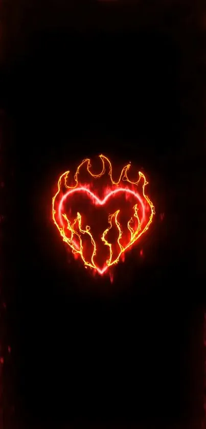 Fiery neon heart wallpaper with glowing flames.