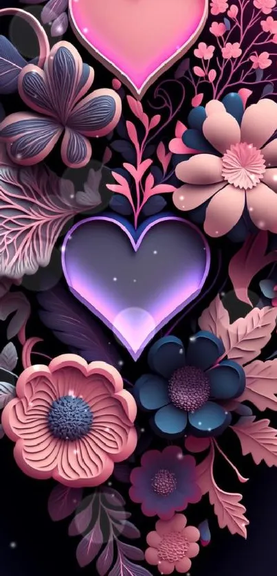 Digital wallpaper with heart shapes and floral design in vibrant colors.