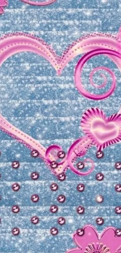 Mobile wallpaper with heart-shaped floral design in pink and blue tones.