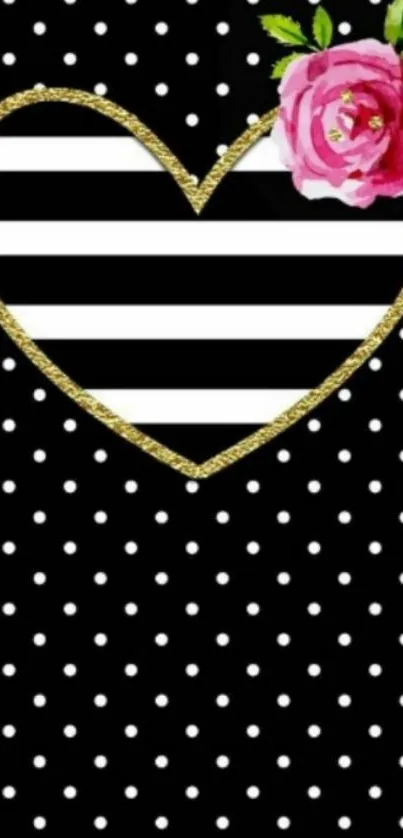 Heart with stripes and floral design on polka dot background.