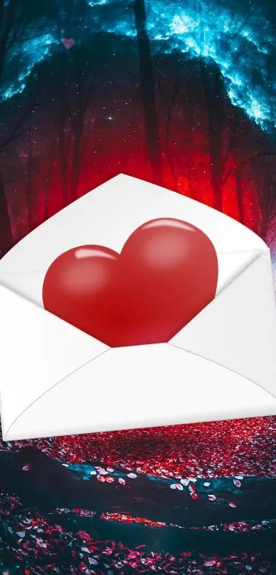 Heart in envelope with a vibrant forest background.