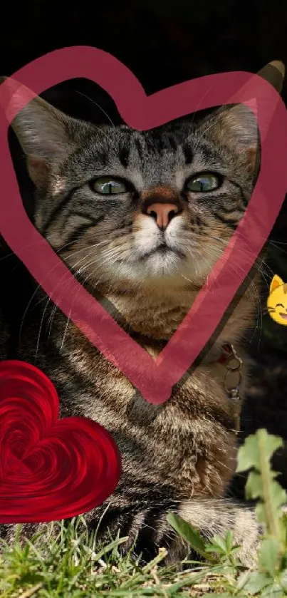 Tabby cat with heart frames and emoji in a garden setting.