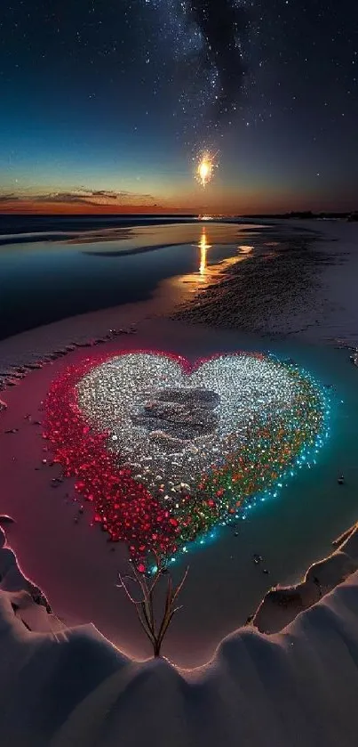 Vibrant heart design on a beach with a starry galaxy sky background.