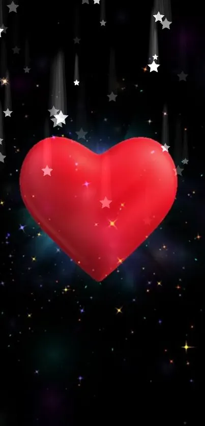 Vibrant red heart with stars in galaxy-themed wallpaper.