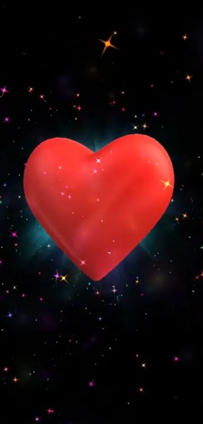 Red heart in galaxy with colorful stars on a black background.